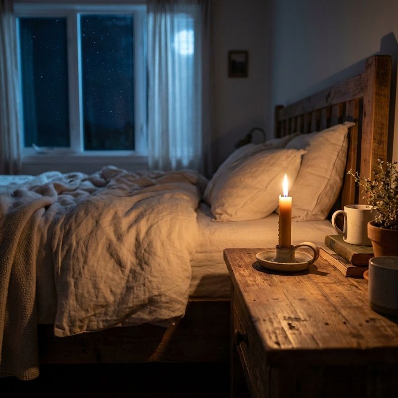 A dim bedroom at night lit by one candle on the bedside table